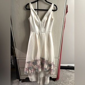 Off White Satin Dress with Pale Appliqué Hem, Size 4